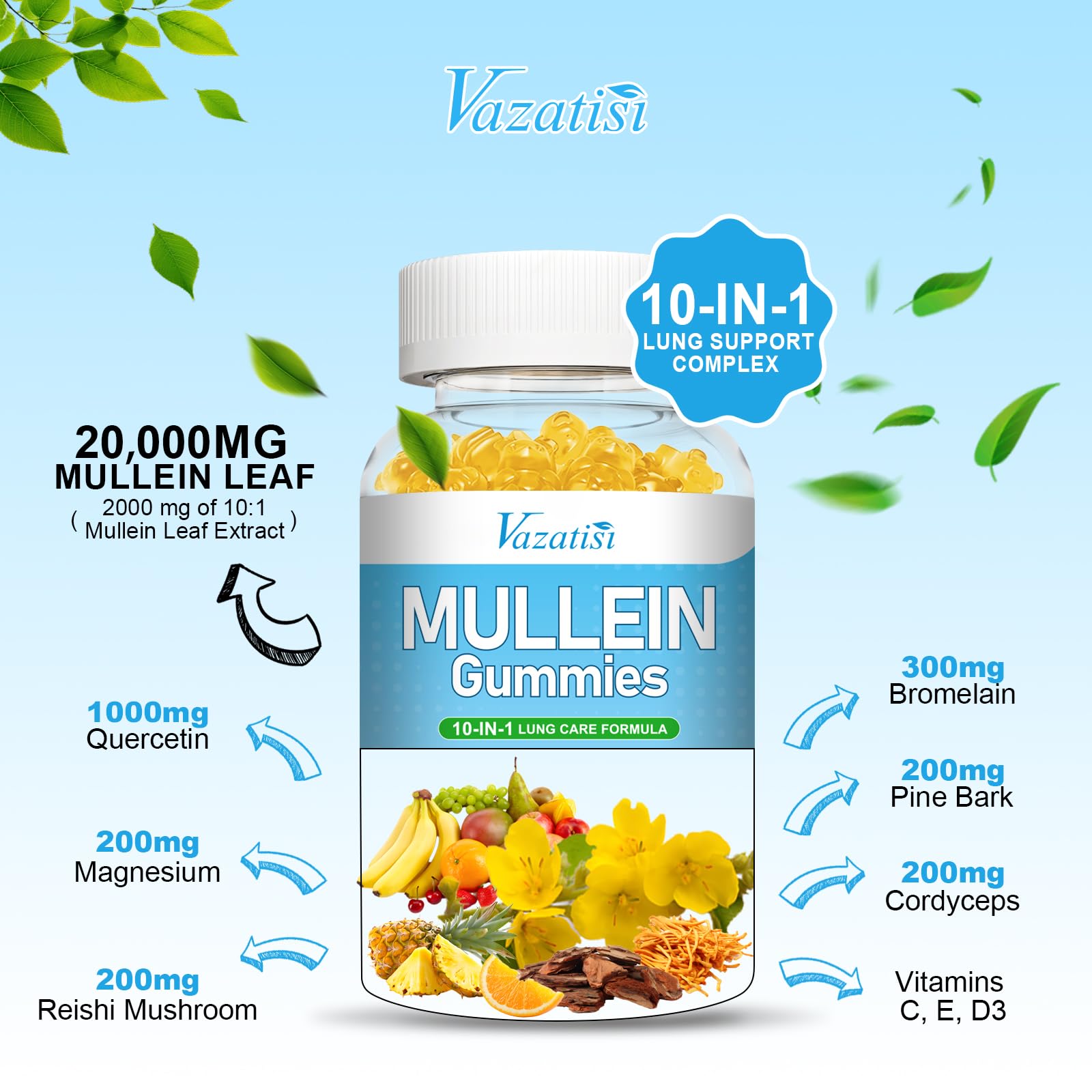 Closeup of Vazatisi Mullein Gummies highlighting pineapple flavor for daily use.