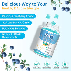 Vazatisi NAC Gummies pouring shot suggests easy consumption with blueberry flavor.