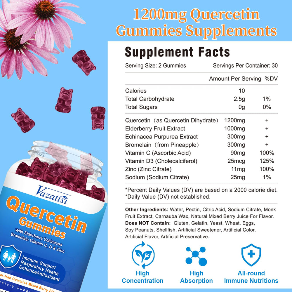 Ingredient panel of Vazatisi quercetin showing elderberry, zinc and vitamin C.