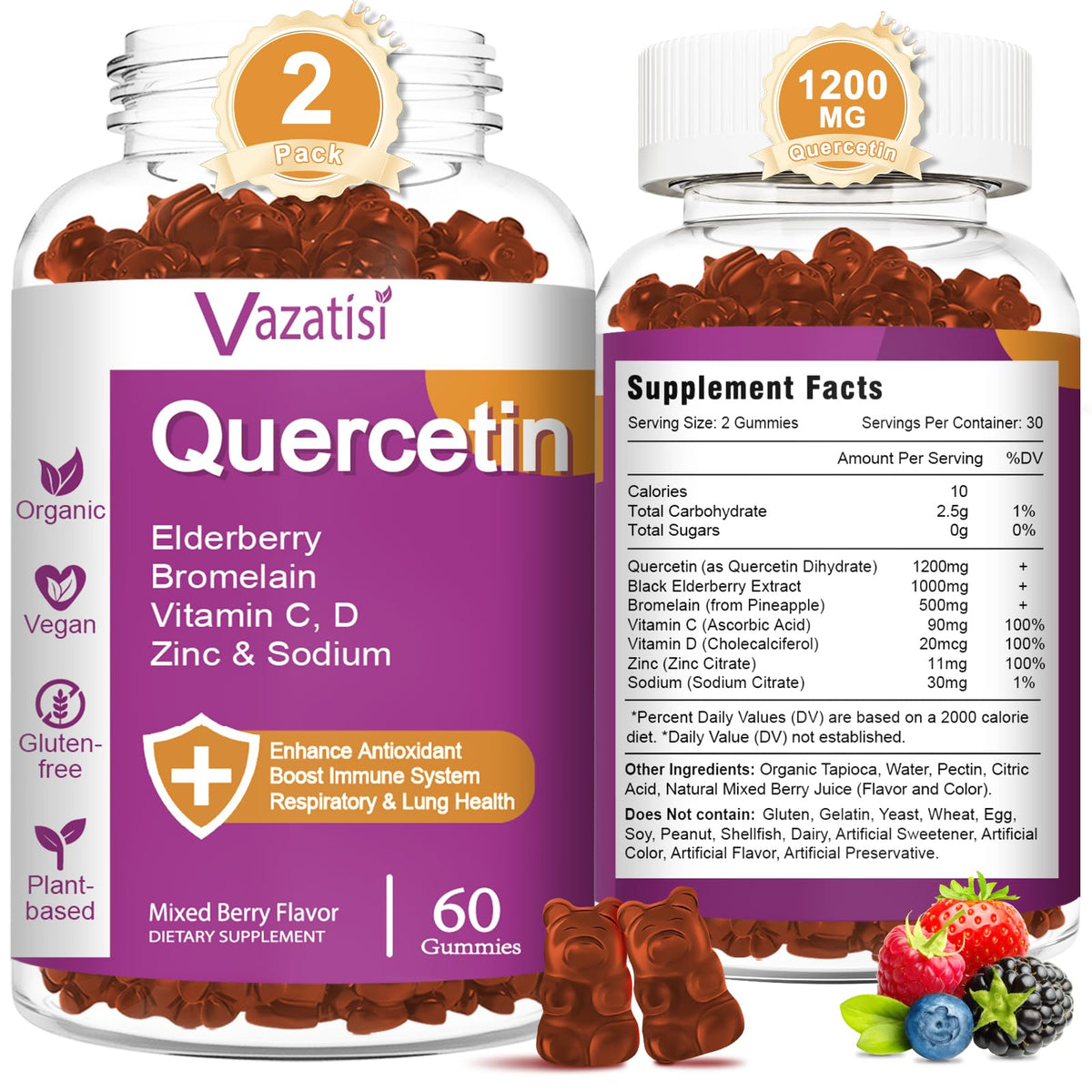 Vazatisi Quercetin Gummies bottle front with berry flavor, signaling immune support.