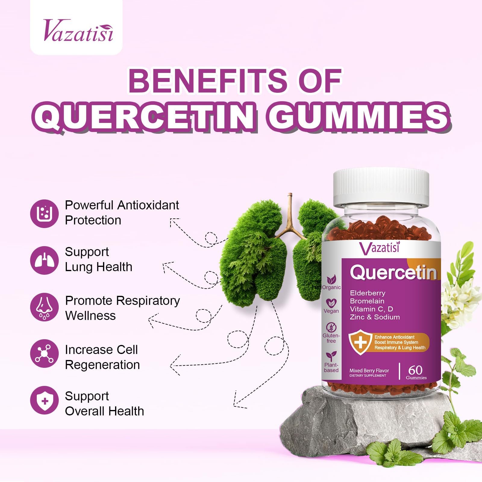 Vazatisi Quercetin Gummies mixed-berry flavor for daily immune support.