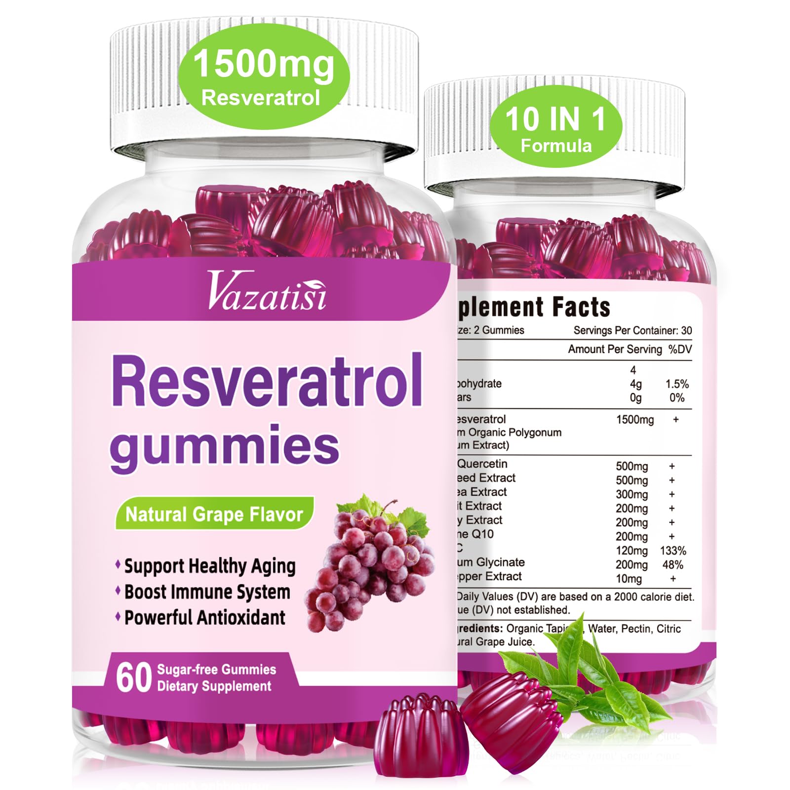 Vazatisi High-Purity Resveratrol Gummies bottle front for convenient antioxidant support