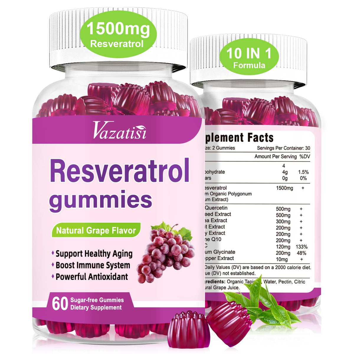 Vazatisi High-Purity Resveratrol Gummies bottle front for convenient antioxidant support