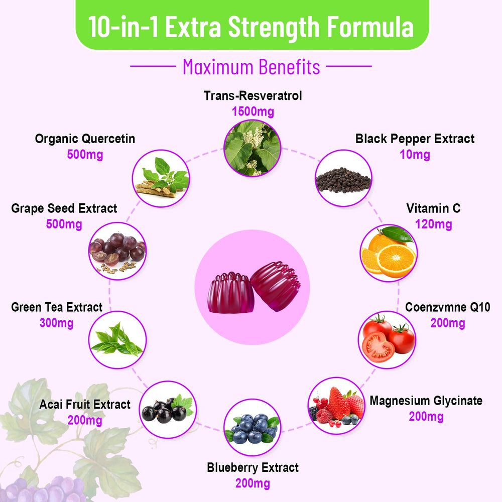 Vazatisi Resveratrol Gummies ingredients panel showcasing 10-in-1 formula