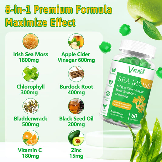 Vazatisi sea moss gummies closeup highlights chewable texture and natural apple flavor.