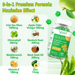 Vazatisi sea moss gummies closeup highlights chewable texture and natural apple flavor.