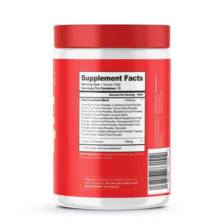 VB Health Red Boost label close-up highlighting fruit blend nutrients.