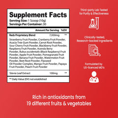 VB Health Red Boost scoop beside fruit powder for quick daily nutrition.