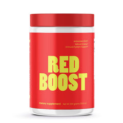 VB Health Red Boost powder tub front with vibrant red fruits for daily nutrition.