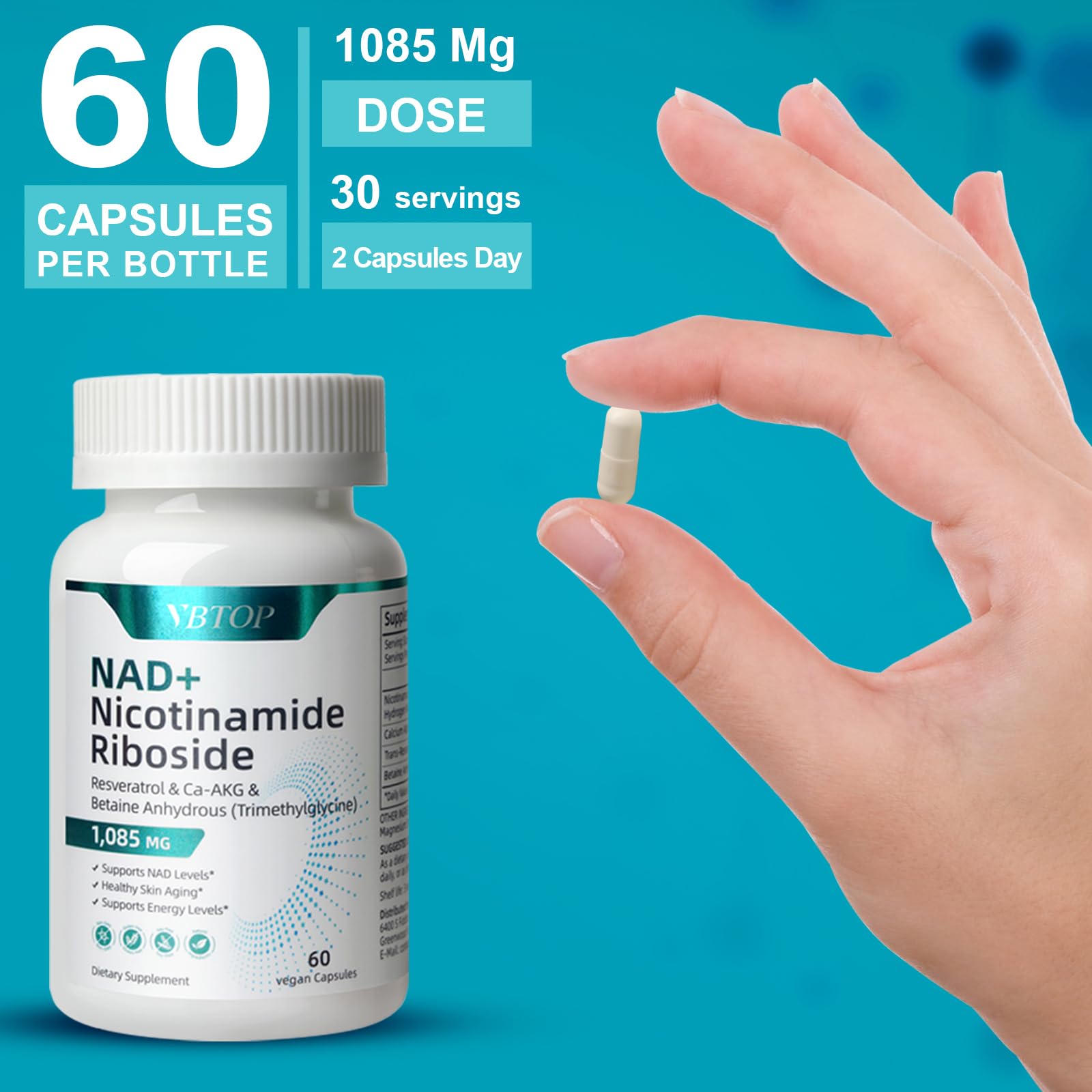 VBTOP NAD+ capsules with glass of water for daily vitality.