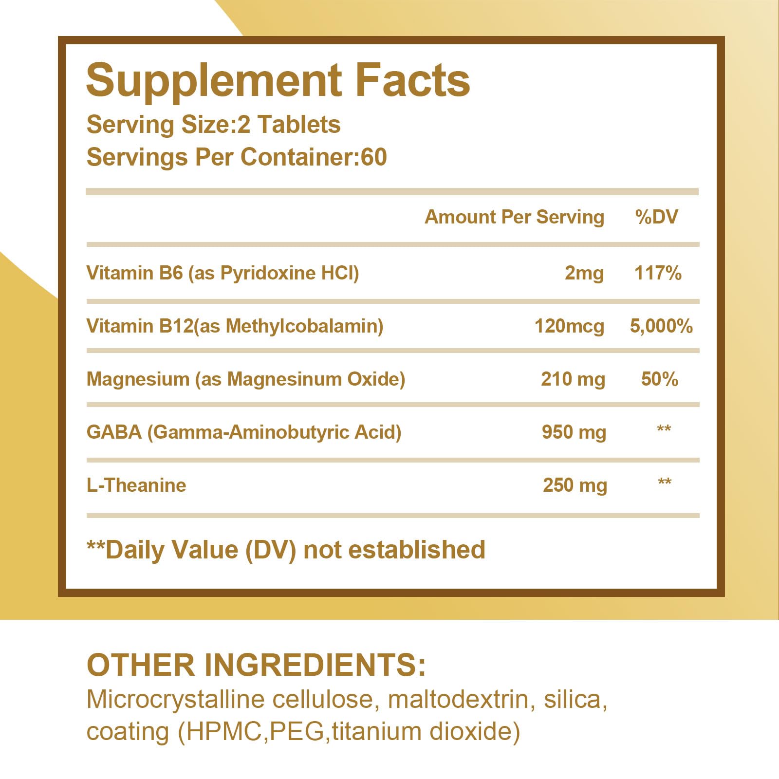 Close-up of VBTOP tablets showing 950 mg GABA and 250 mg L-Theanine.