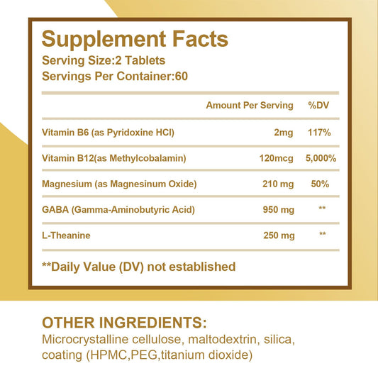 Close-up of VBTOP tablets showing 950 mg GABA and 250 mg L-Theanine.