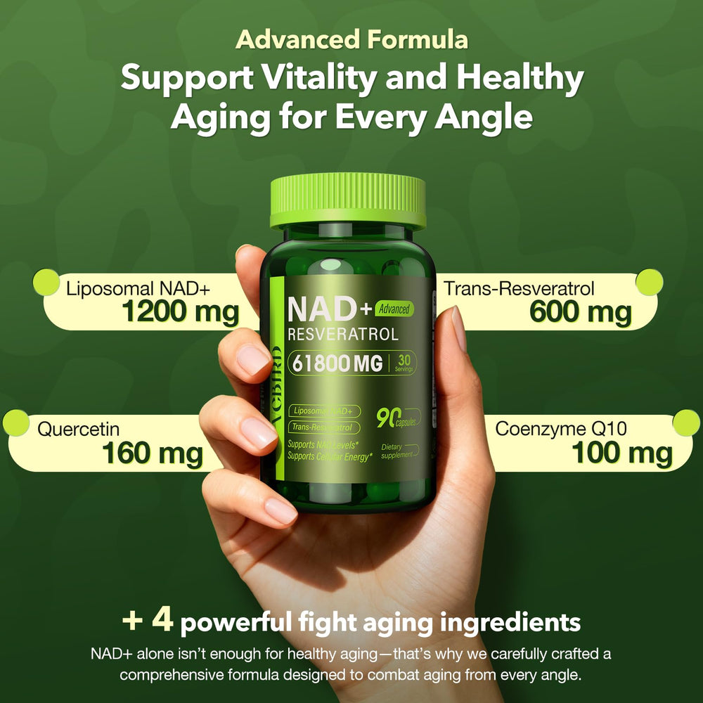 VCBIRD Nad Resveratrol capsules close-up emphasizes high-absorption formulation.