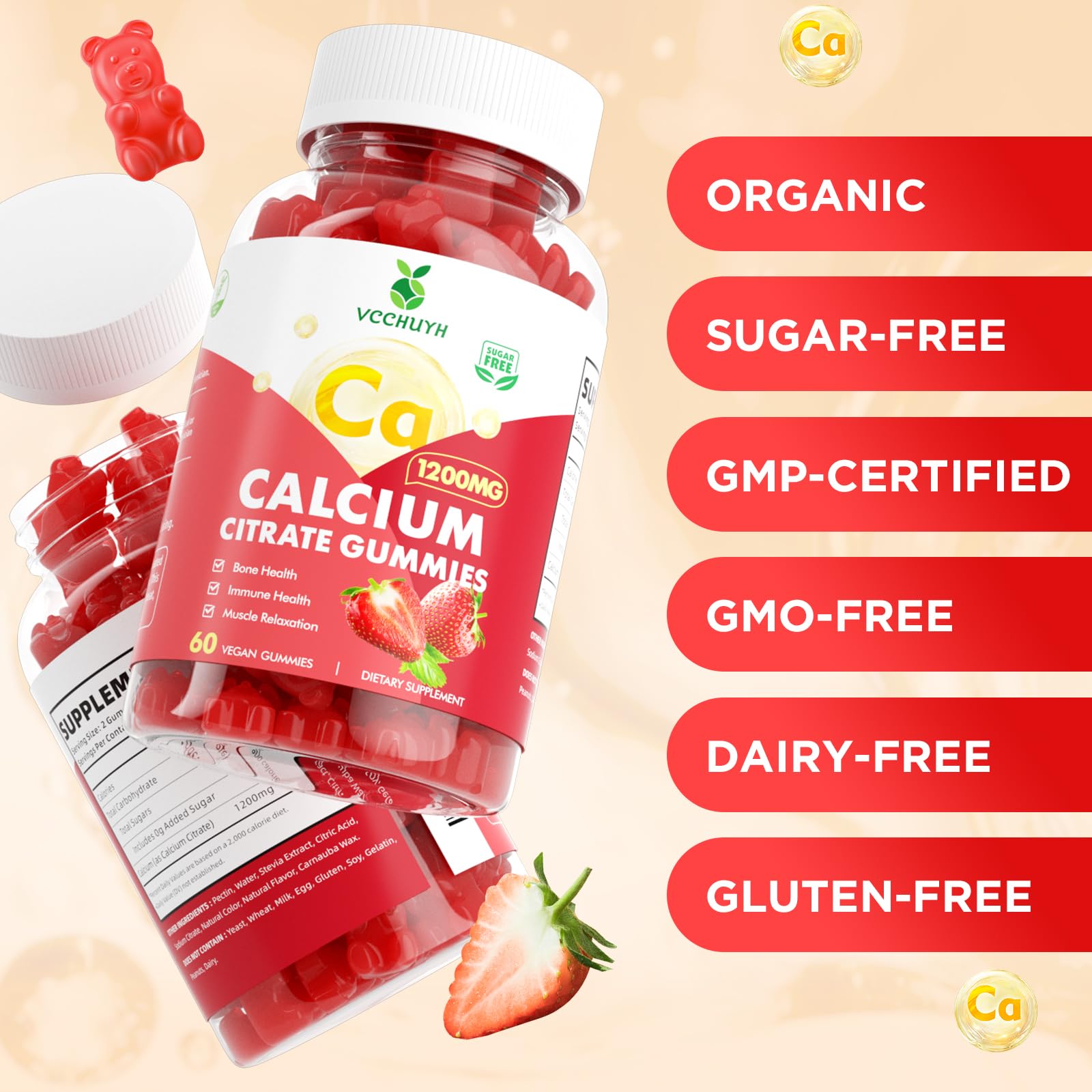 VCCHUYH calcium citrate gummies label non-GMO signals clean, high-quality selection.