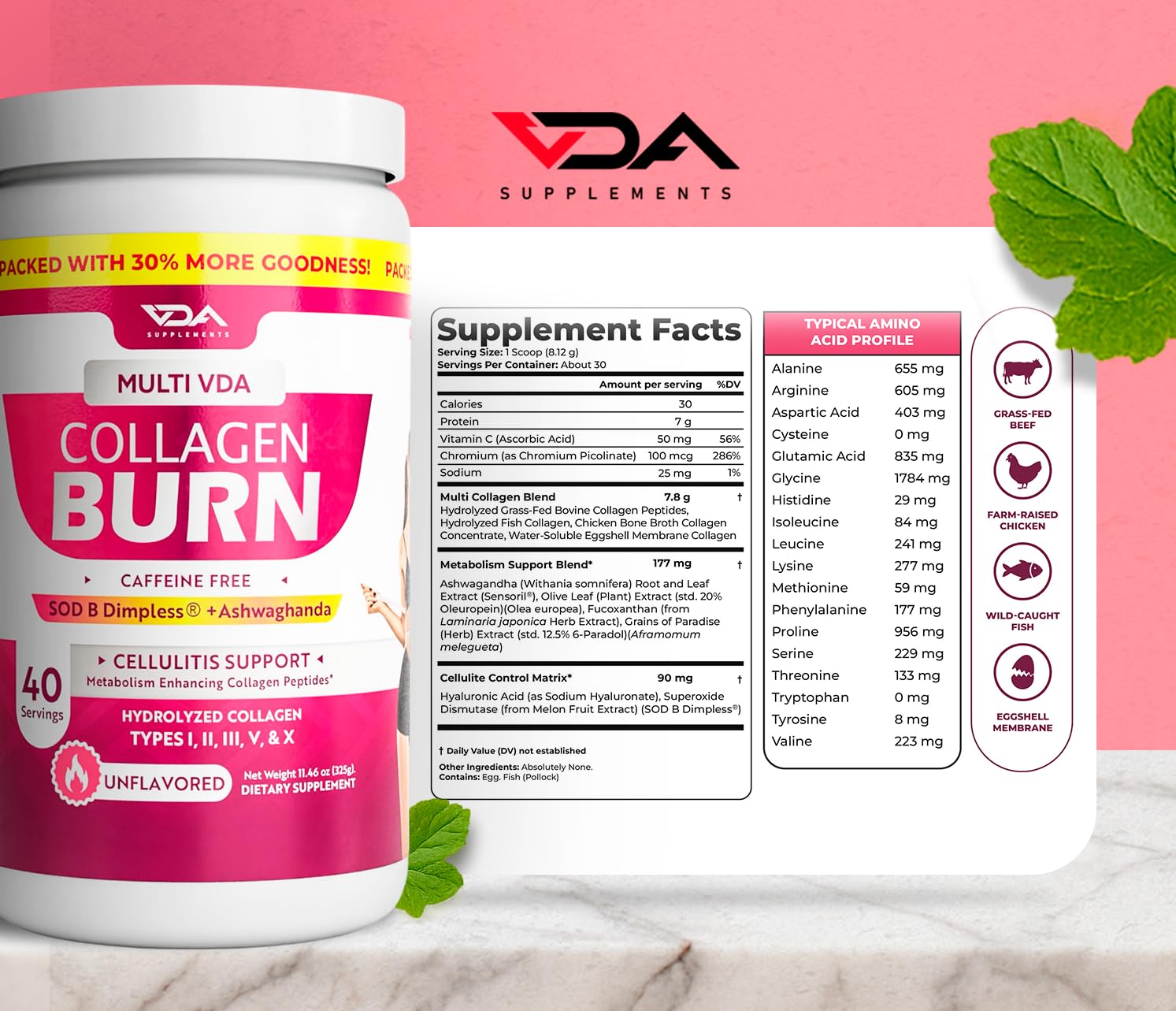 VDA Supplements keto-friendly gluten-free non-GMO icons on packaging for diverse diets.