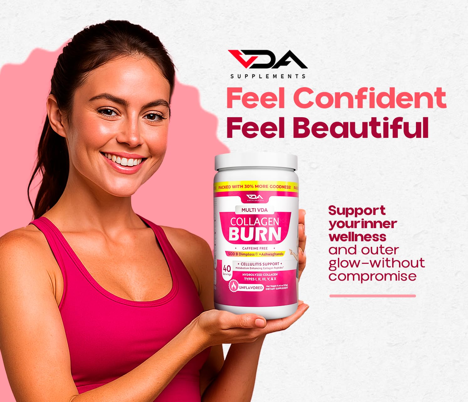 VDA Supplements measuring scoop included for precise 40 servings consumption.