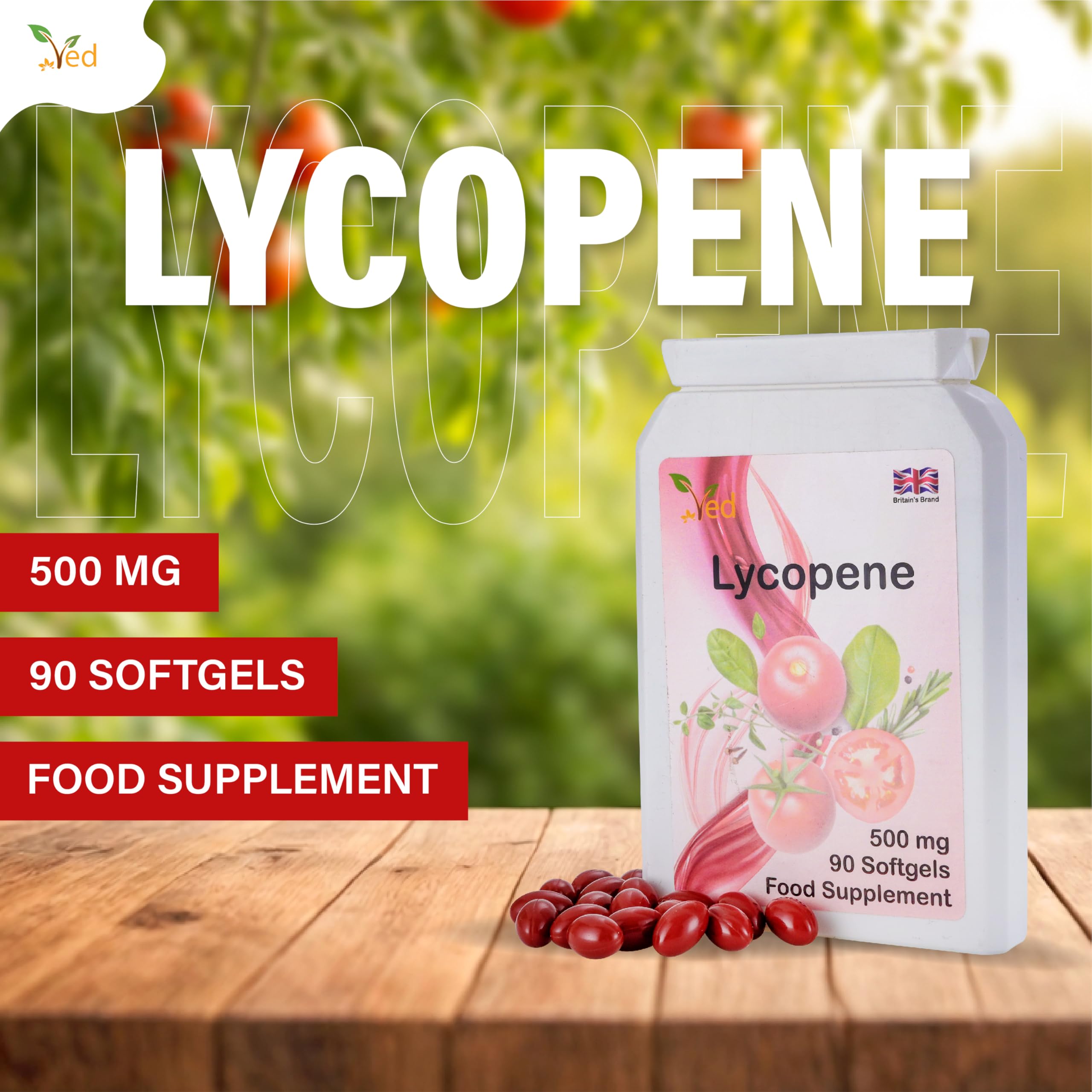 Ved Lycopene 500 mg capsules close-up of smooth softgels.