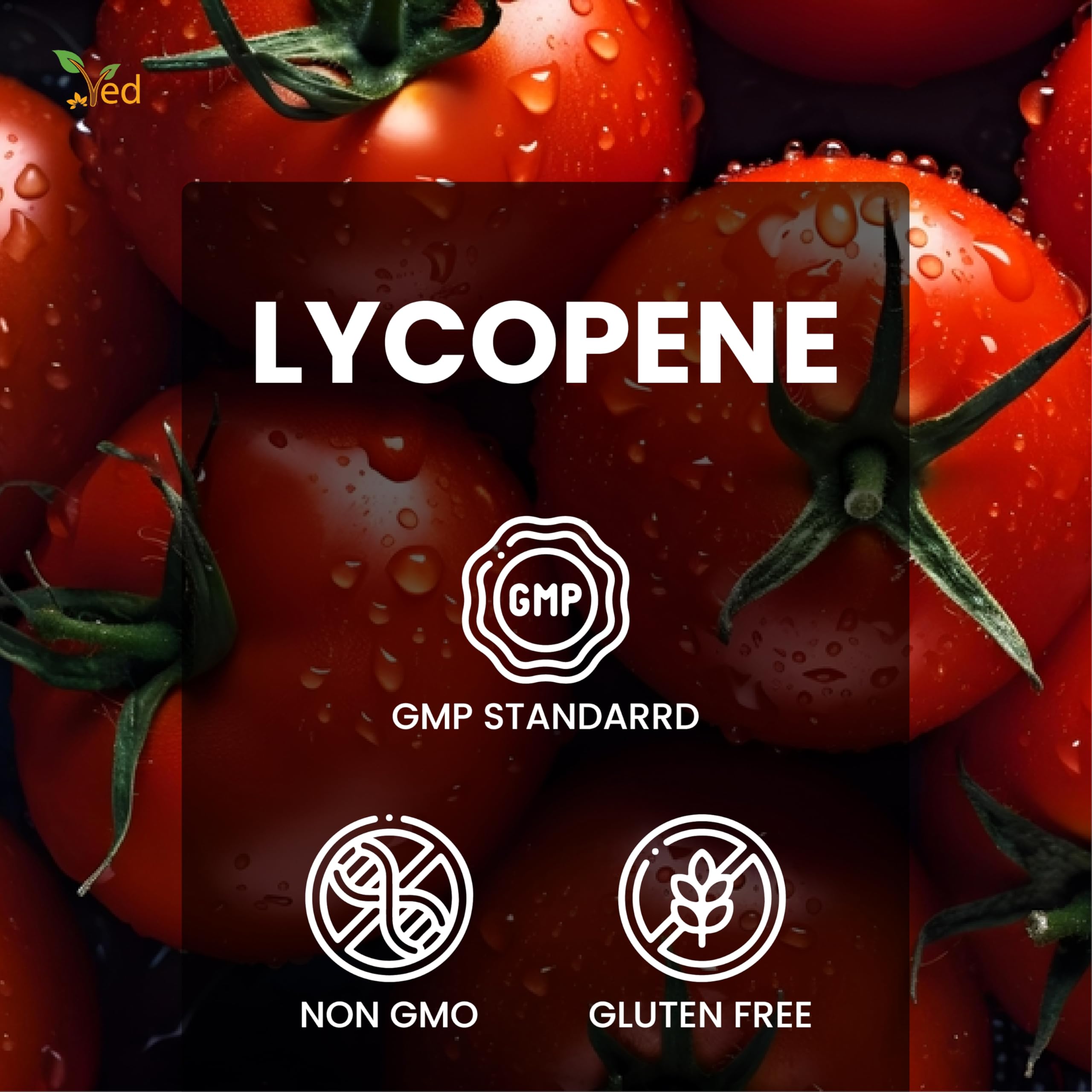 Ved Lycopene 500 mg ingredients panel notes gluten, lactose, and nut-free details.