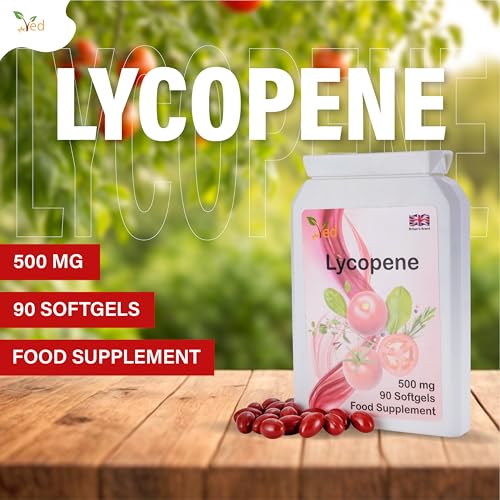 Ved Lycopene softgel bottle side view with allergen-free labeling