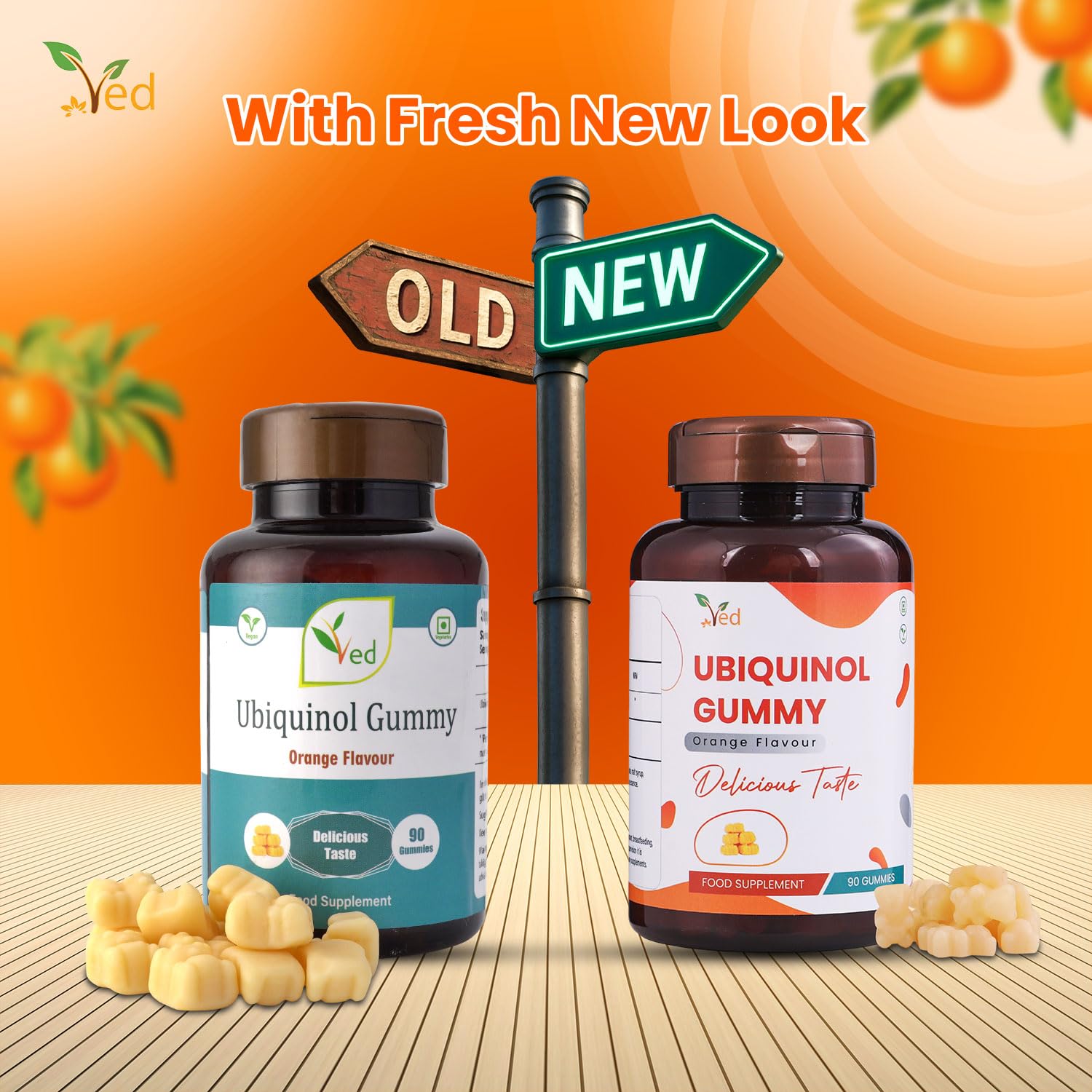 Ved Ubiquinol Gummy closeup shows chewy texture and premium potency.