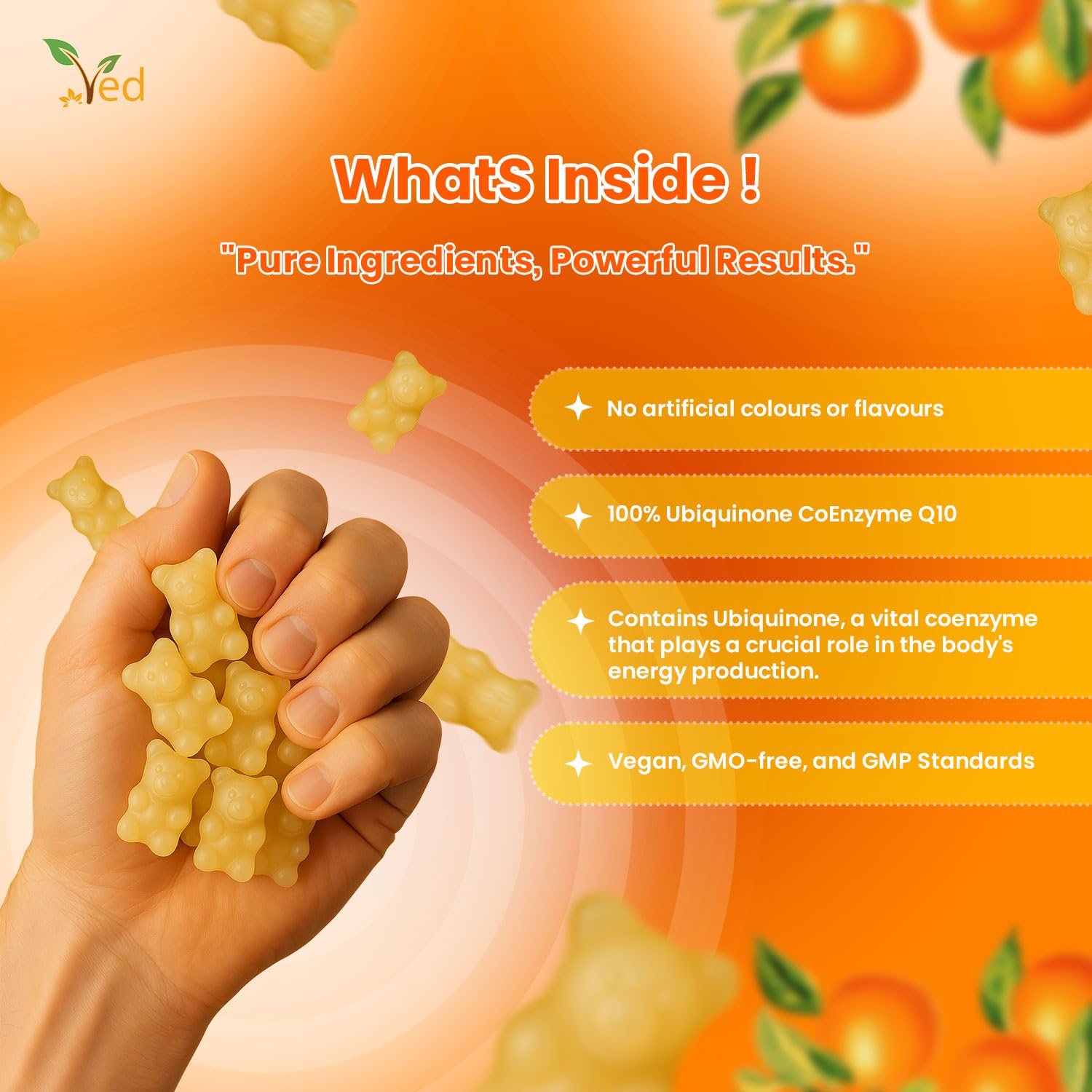 Ved Ubiquinol Gummy label shows allergen-free profile for sensitive diets.