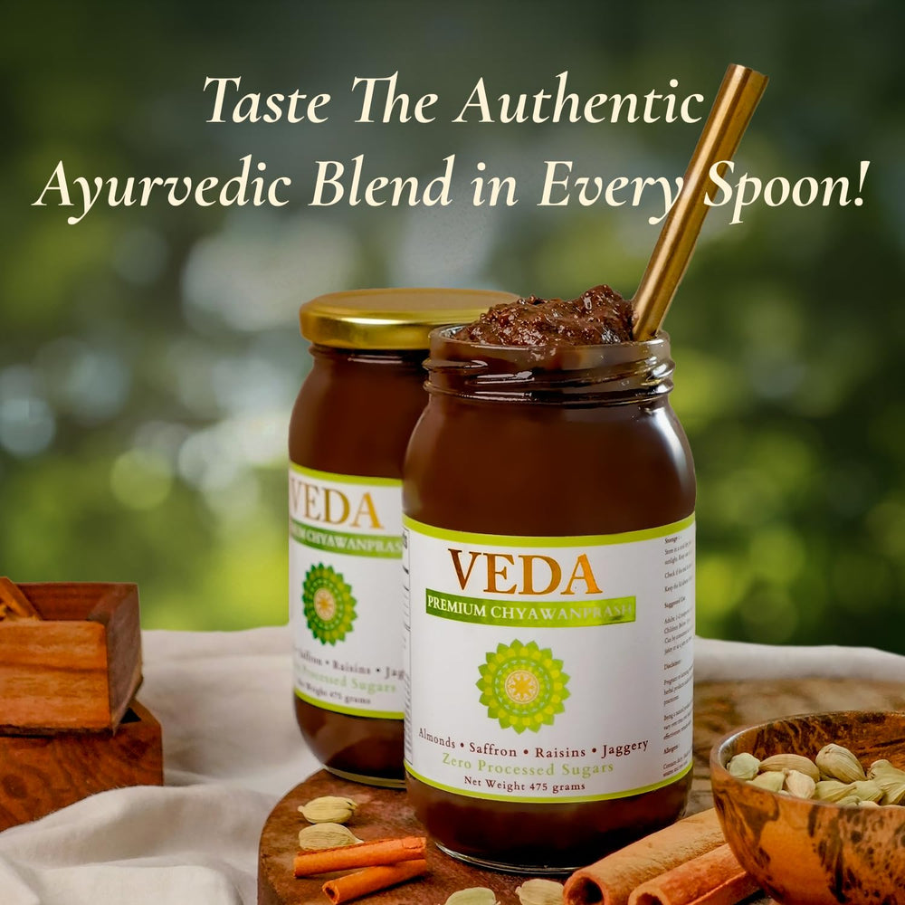 Spoonful of VEDA Chyawanprash showing rich texture with almonds and spices.