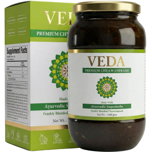 VEDA Chyawanprash jar front; convenient daily immune-support tonic.