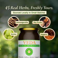 Jar label shows 40+ ayurvedic herbs for traditional wellness.