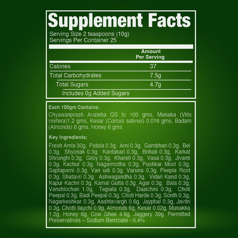 VEDA Chyawanprash label shows US FDA GMP certification and small-batch quality.