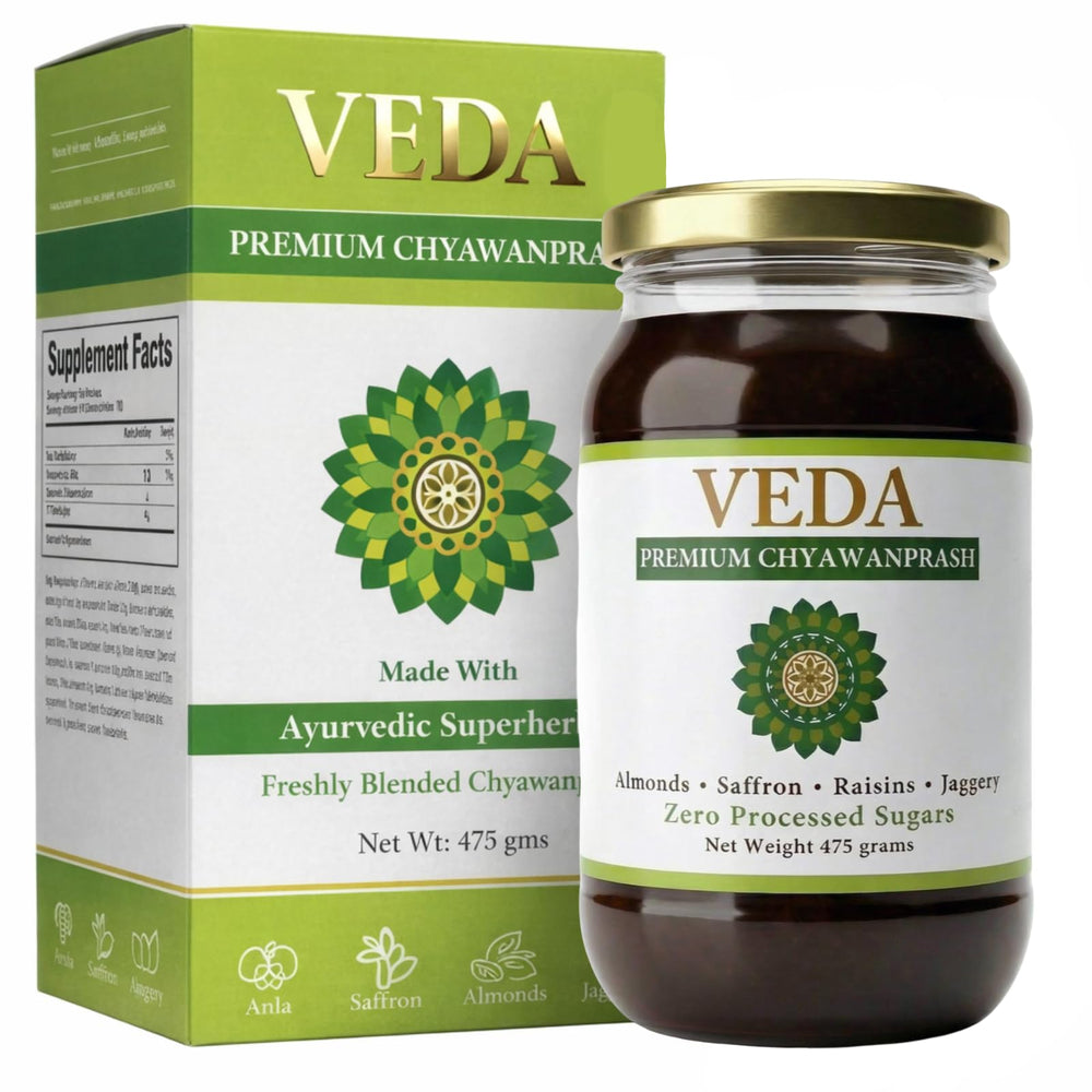 VEDA Premium Chyawanprash sugar-free jar highlighting amla and saffron for daily wellness.