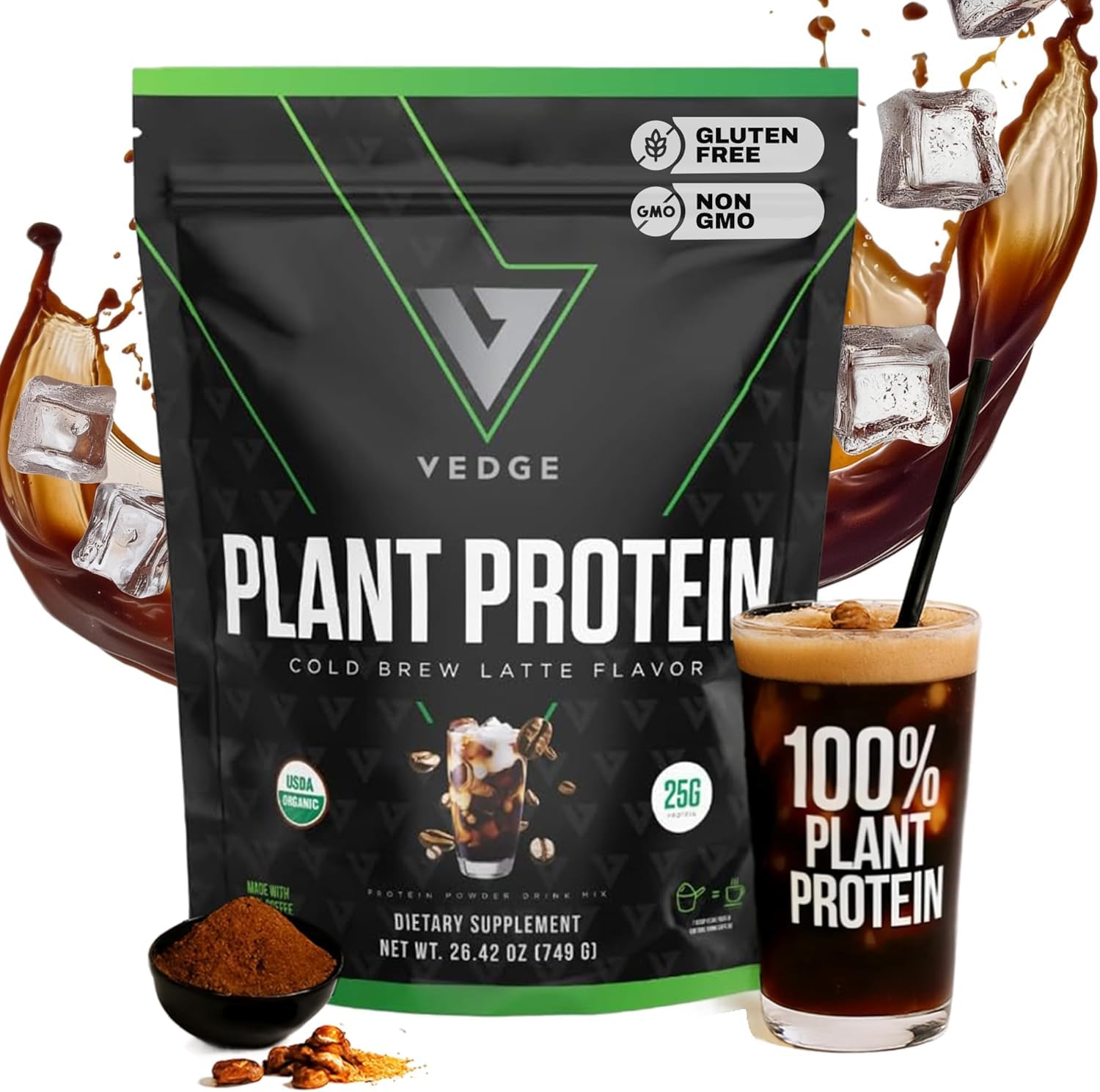 VEDGE Cold Brew Latte container highlighting organic plant protein for convenient shakes.