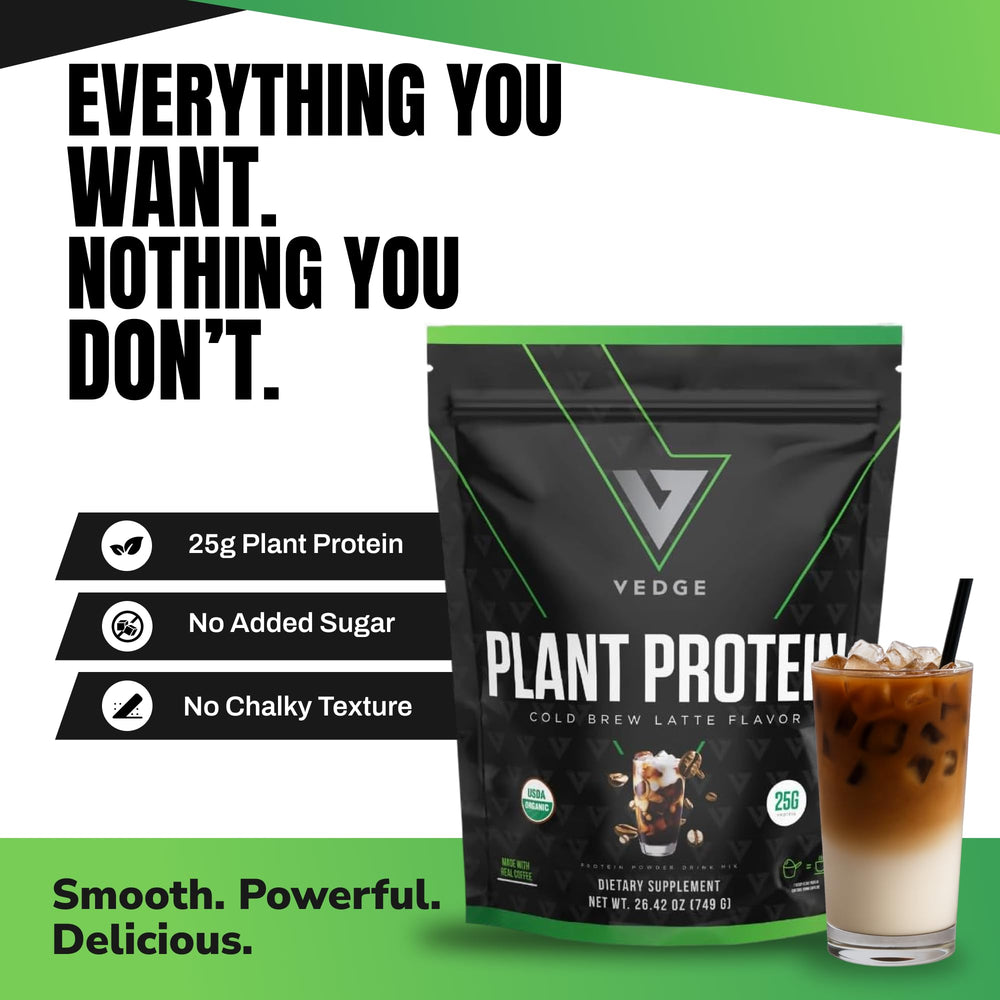 VEDGE Cold Brew Latte scoop beside powder ready for quick post-workout protein.