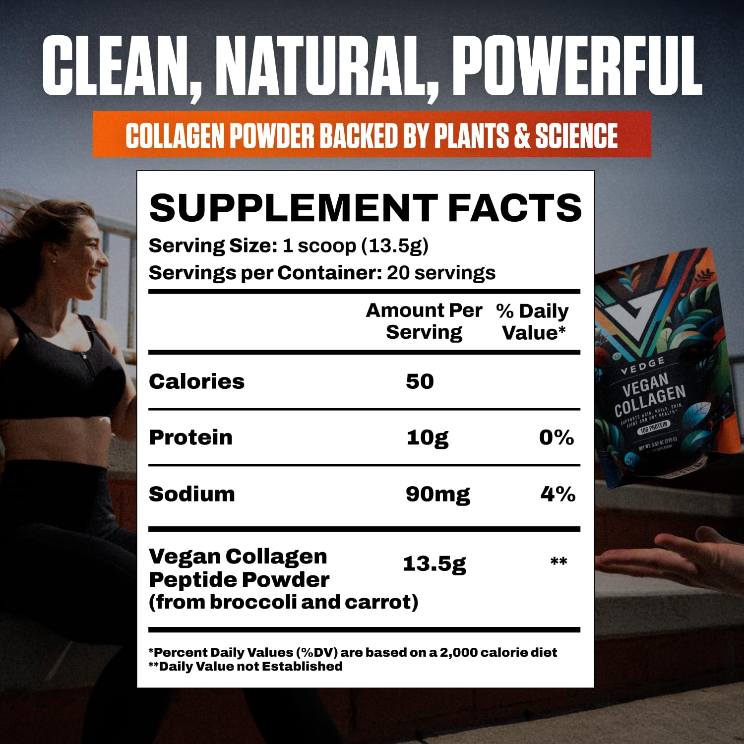 VEDGE vegan collagen powder flavorless texture dissolves easily in beverages.