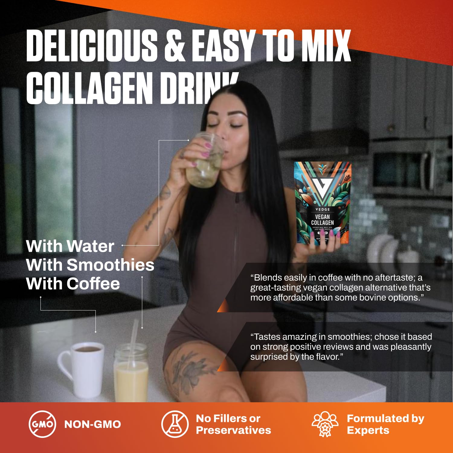 VEDGE collagen powder easily dissolves in hot beverages.