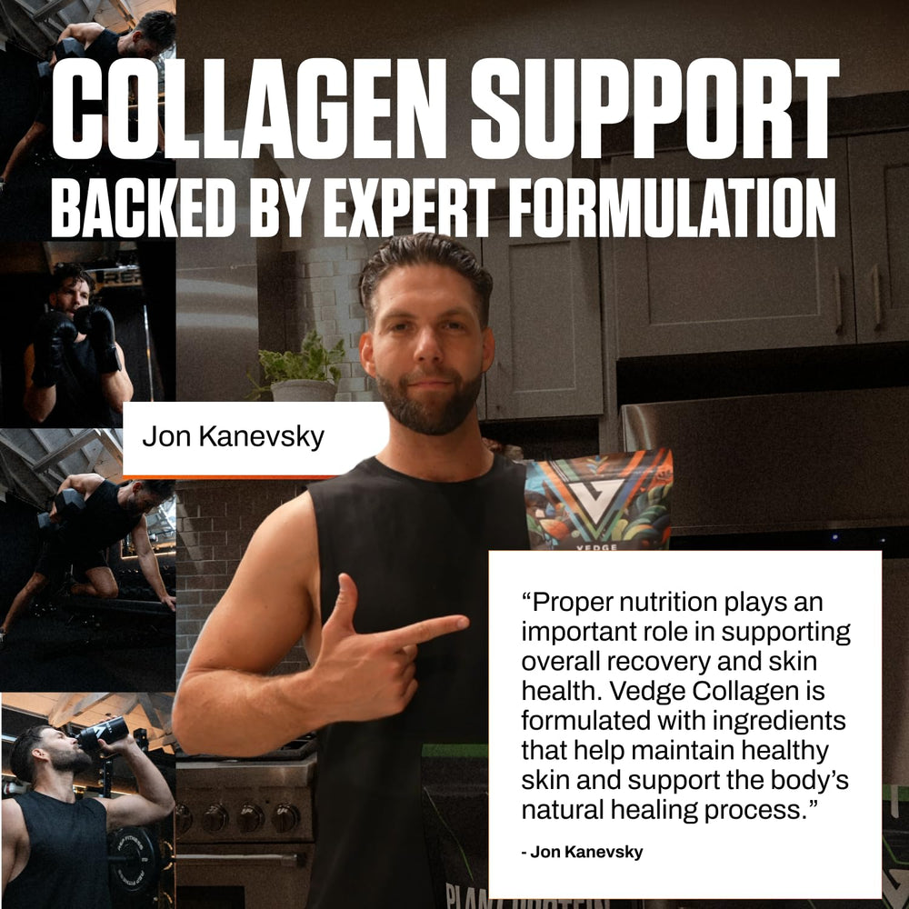 VEDGE collagen powder stirred into smoothie for extra protein.
