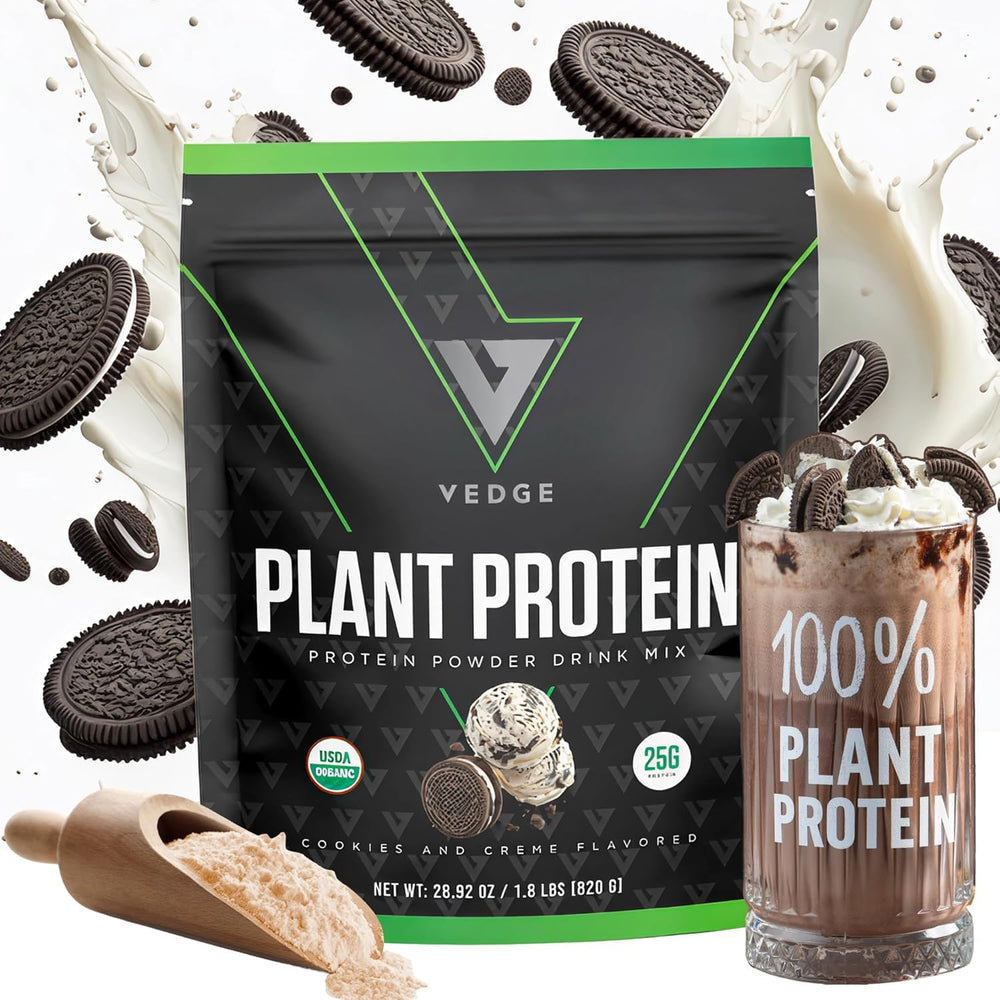 VEDGE Cookies Creme tub front view, organic vegan protein for everyday energy.