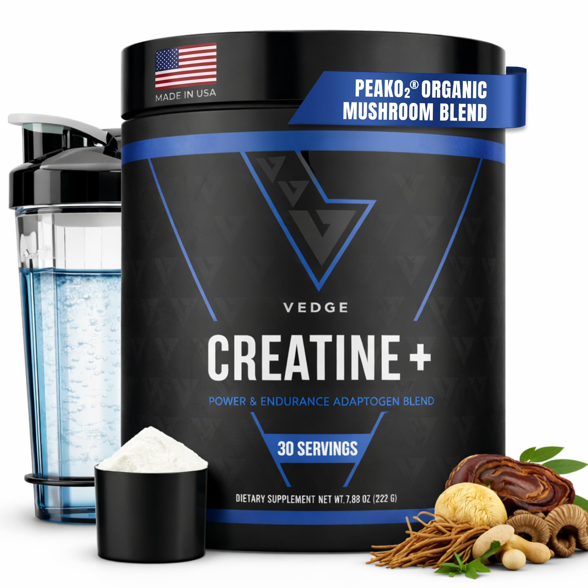 VEDGE Creatine+ bottle front showing unflavored formula for athletic performance