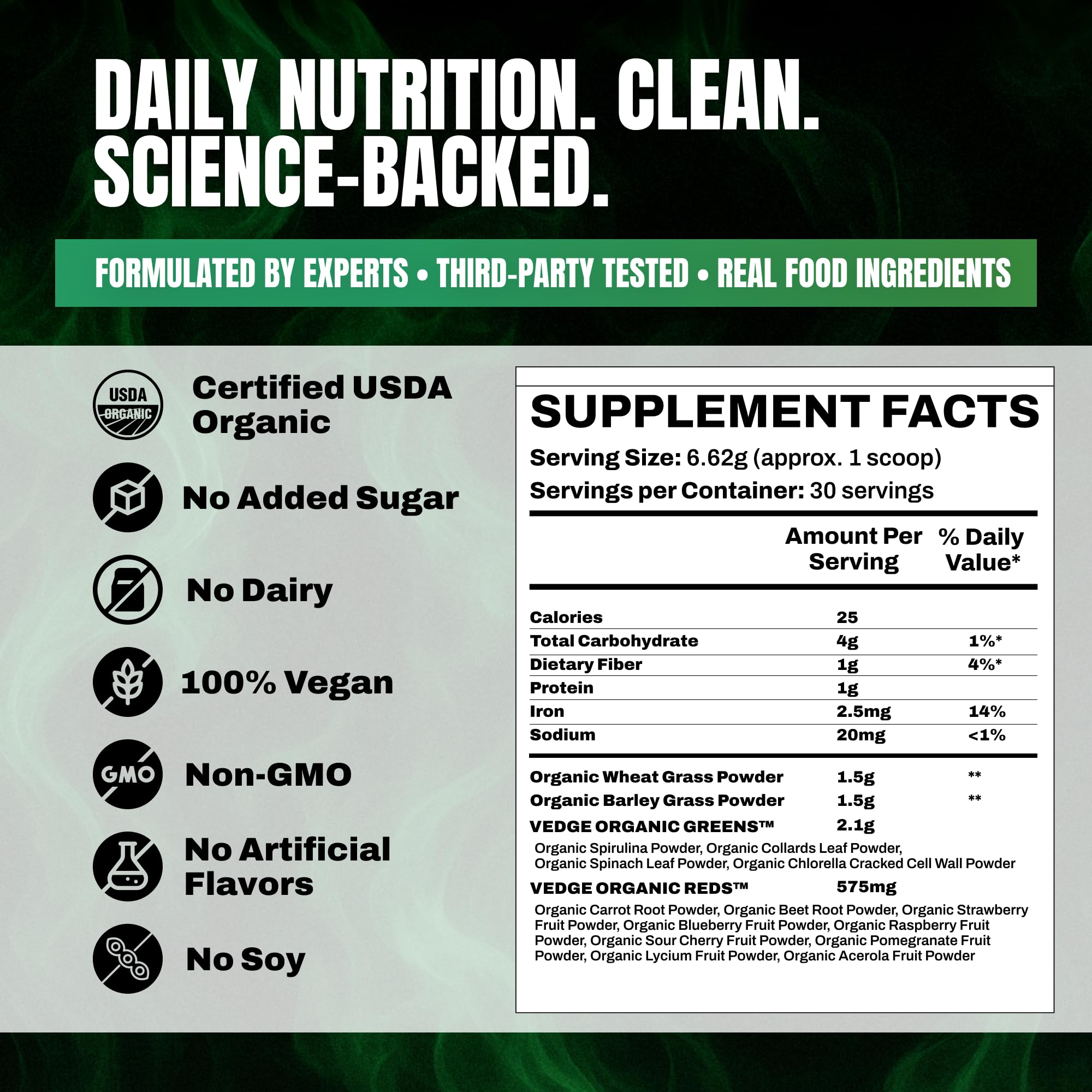 VEDGE Nutrition Mixed Berry powder in glass highlighting a refreshing antioxidant-rich greens mix.