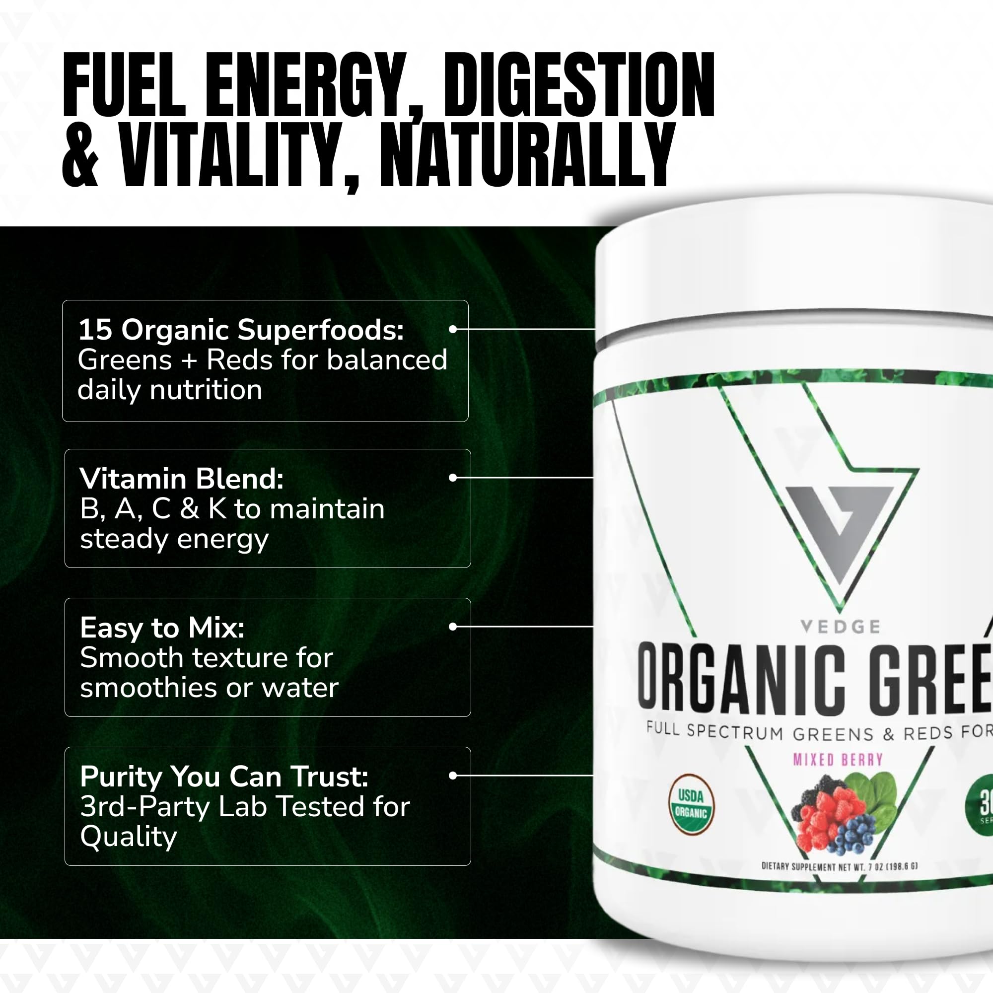 VEDGE Nutrition Organic Greens packaging front emphasizes USDA Organic and clean ingredients.