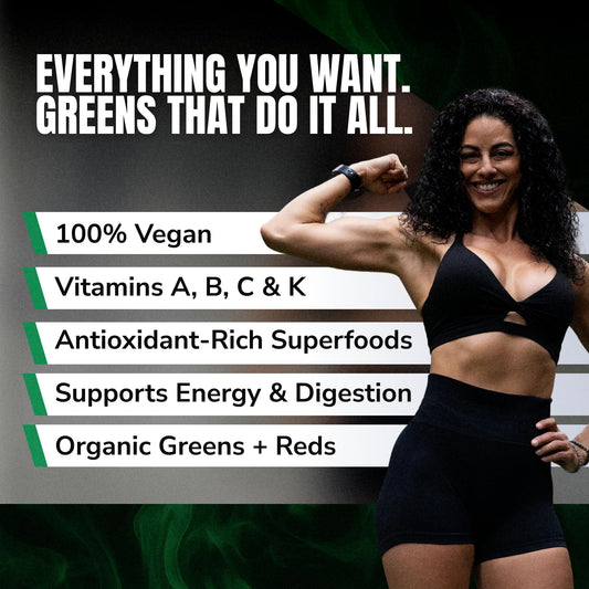 VEDGE Nutrition Organic Greens scoop ready to measure for a balanced energy boost.