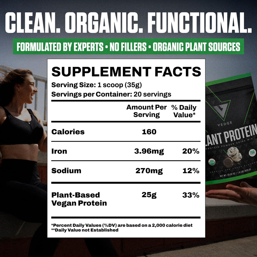 VEDGE organic plant protein blend close-up featuring pea, pumpkin, and sunflower.