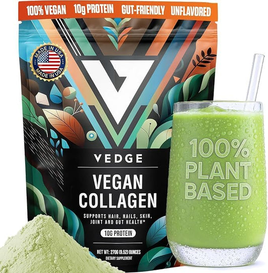 VEDGE vegan collagen powder packaging highlights plant-based formula for hair and skin benefits.
