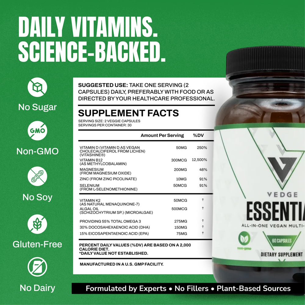 VEDGE Vegan Omega-3 bottle on table suggests simple daily routine.