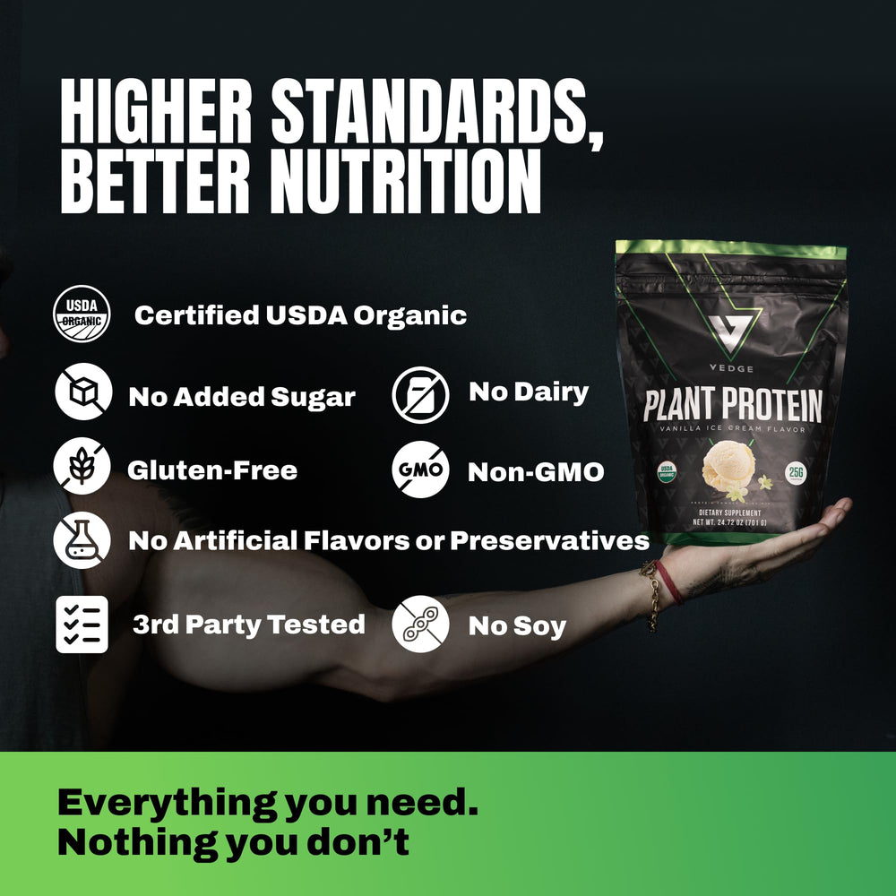 VEDGE label highlights USDA Organic, gluten-free, dairy-free.