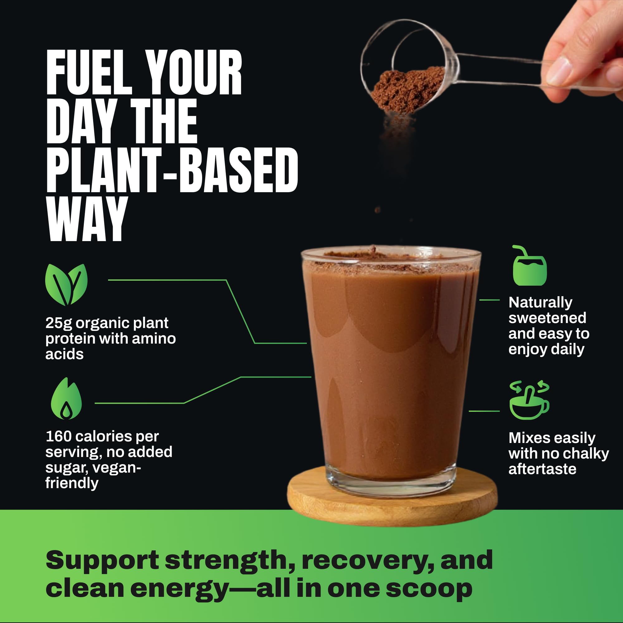 Choc protein shake prepared with VEDGE for a plant-based boost.