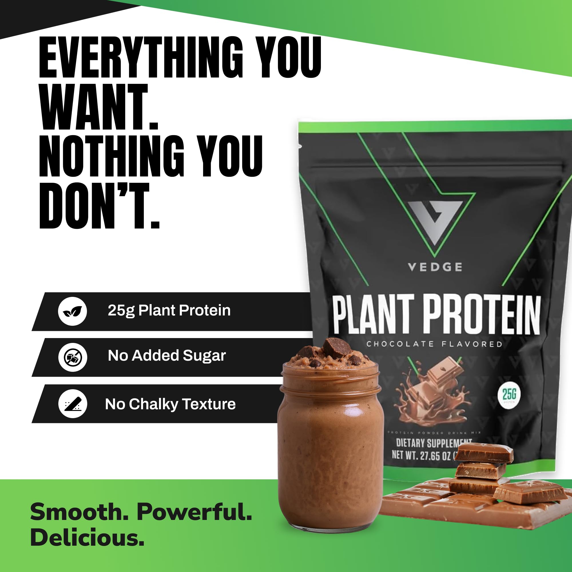 VEDGE protein powder chocolate scoop shows serving for convenient daily protein.