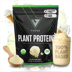 VEDGE Vegan Protein Powder vanilla tub, organic plant protein for daily performance.