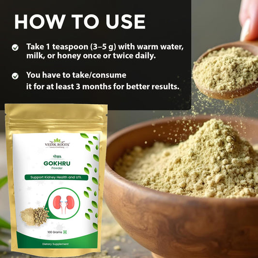 Vedikroots Gokhru powder packaging image highlighting a pure herbal supplement for daily balance