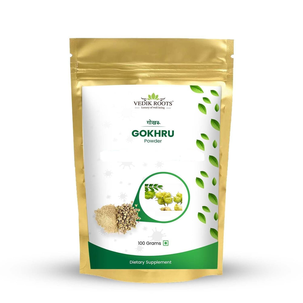 Vedikroots Gokhru powder close-up texture for daily urinary wellness support