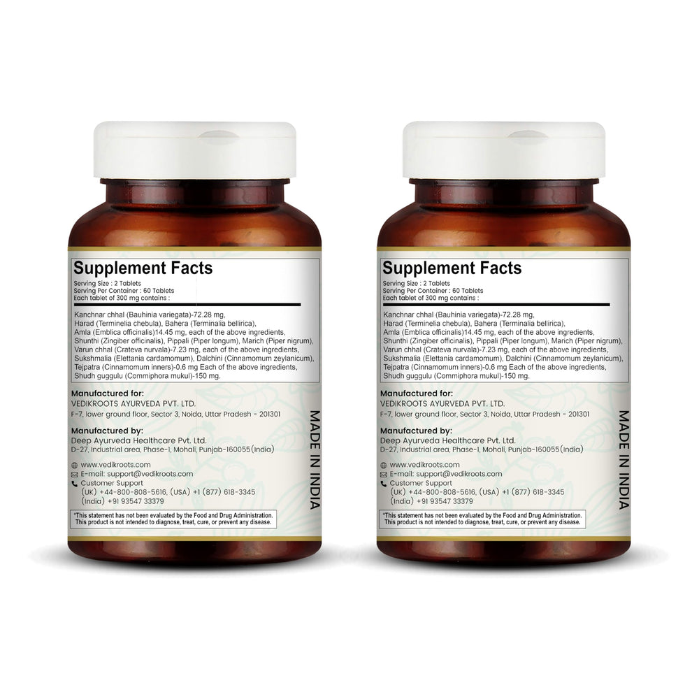 VEDIKROOTS Kanchnar Guggulu bottle label shows natural formulation